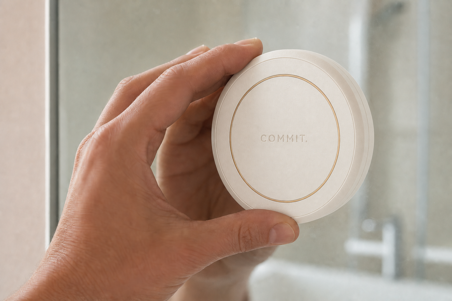 A person placing the warm porcelain Commit Point on a bathroom mirror away from bed
