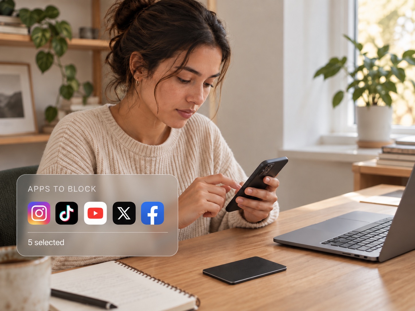 Woman choosing distracting apps to block in Commit