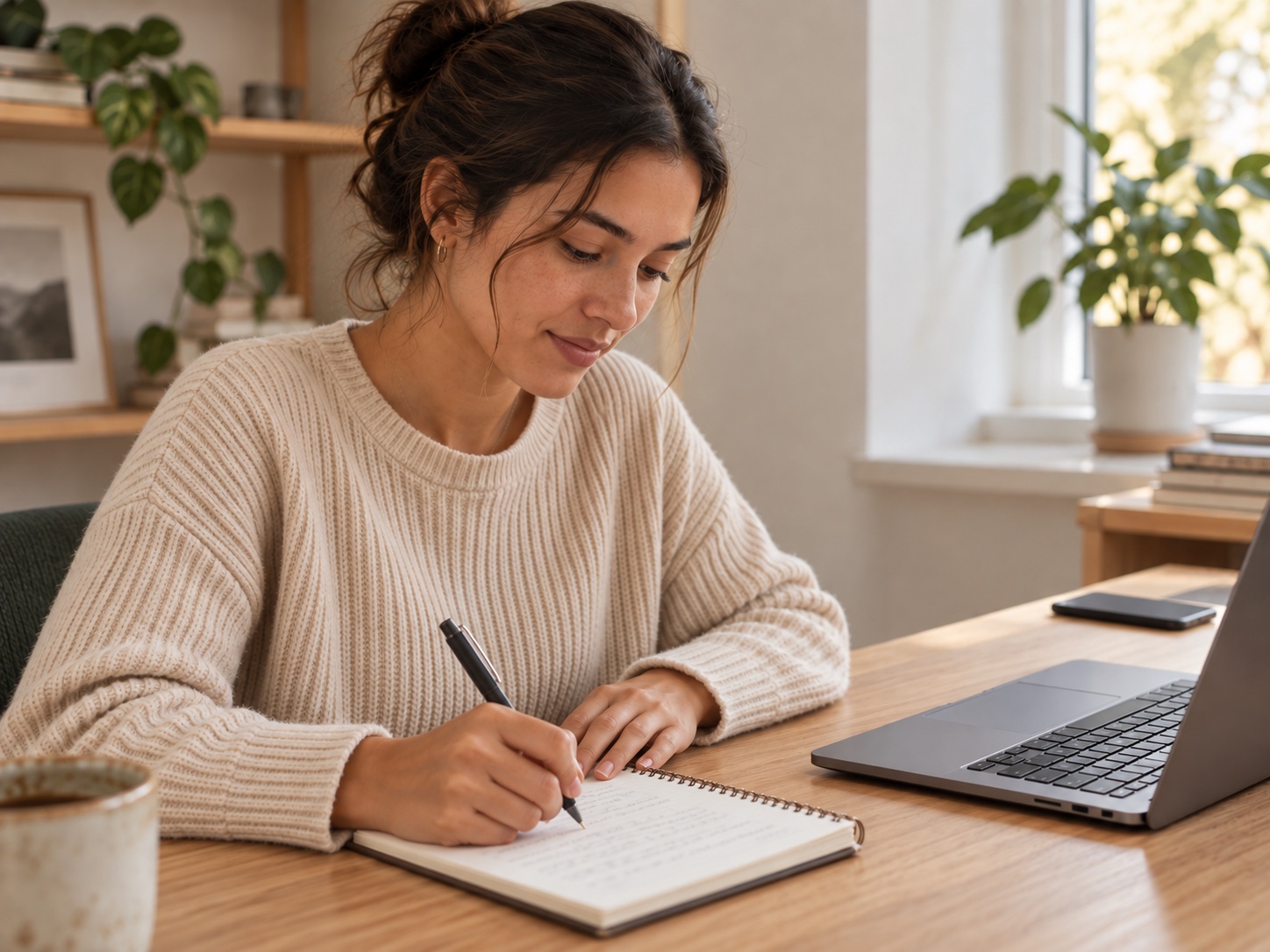 Woman focused on her work with her phone set aside